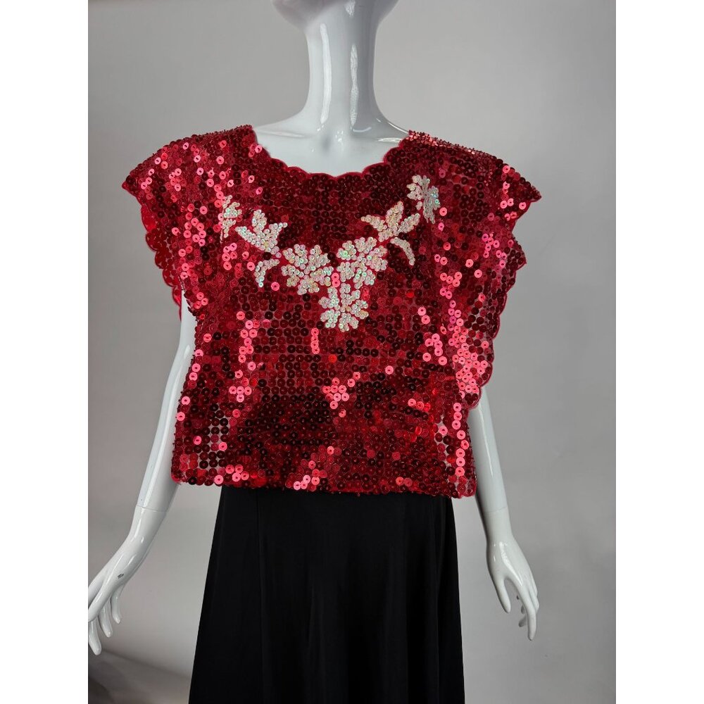 Vintage Hand-Embroidered Red Sequin Floral Crop Top With Iridescent Details